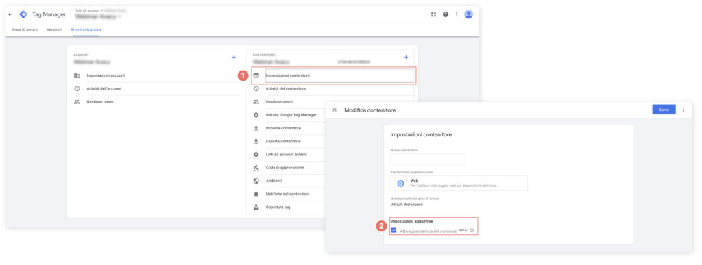 Attivare panoramica del consenso su google tag manager