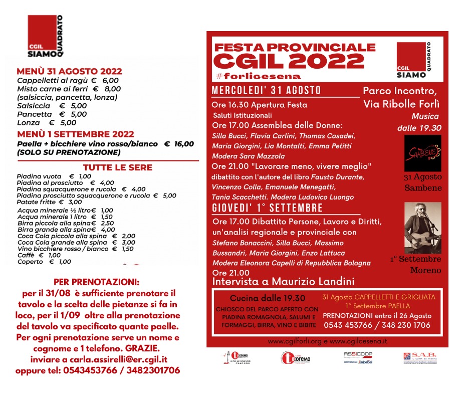 Menù 31 Agosto - 1° Settembre Festa provinciale CGIL Forlì e CGIL Cesena 2022